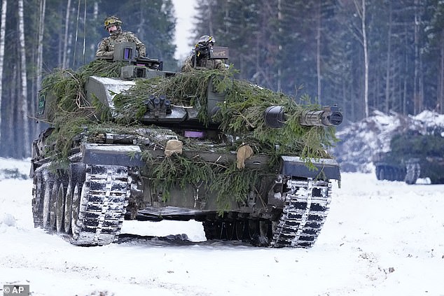 The British Challenger 2 tank moves during the Winter Camp 23 military exercises near Tapa, Estonia