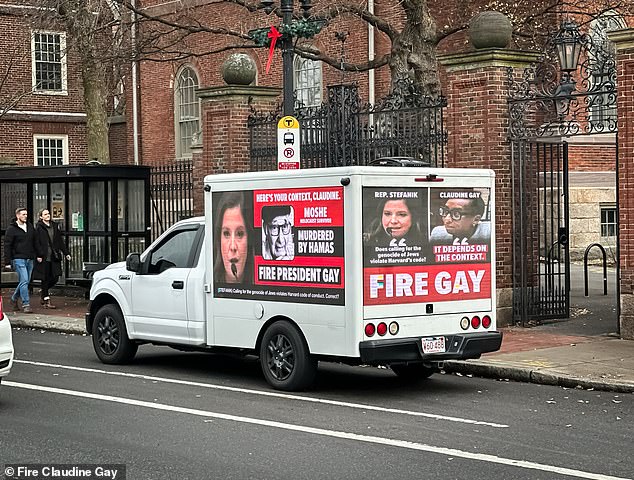 A group known as "Brand Claudine Gay" a panel truck with an electronic billboard deployed outside the Harvard Campus with a message protesting against Gay