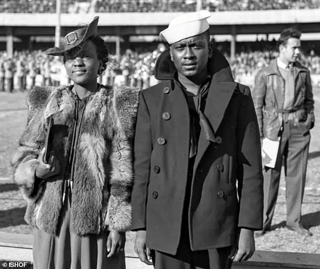 Charles Jackson French is a hero of World War II.  He saved fifteen shipmates by swimming for six to eight hours through shark-infested waters while towing a life raft.  He is pictured with his sister Viola during a match in 1943