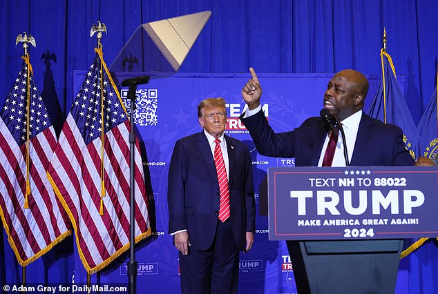 Senator Tim Scott appeared on stage with Donald Trump in Concord, New Hampshire, on Friday evening to endorse the former president's race for the Republican nomination