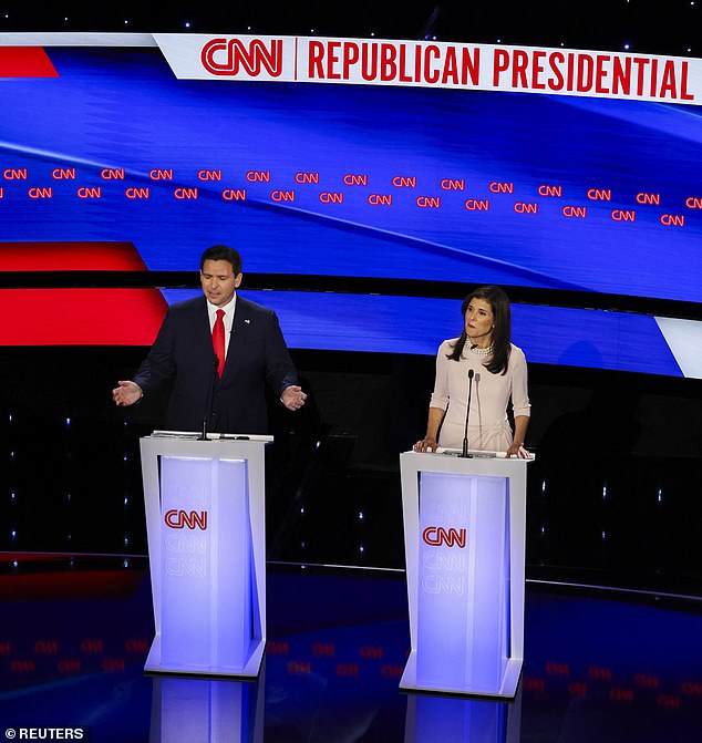 Florida Governor Ron DeSantis (left) and former UN Ambassador Nikki Haley (right) took the stage at Drake University in Des Moines, Iowa on Wednesday for the first one-on-one debate