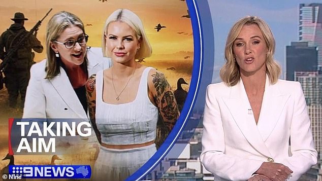 Australia's youngest MP, Georgie Purcell, 31, (centre) has criticized the Nine Network for airing a doctored photo of herself during Monday night's Nine News Melbourne bulletin.  Ms Purcell is pictured next to Jacinta Allan in the image, in a bulletin presented by Nine newsreader Alicia Loxley