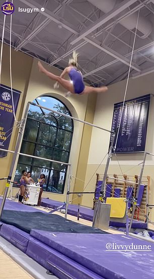 Olivia Dunne was filmed working out on the uneven bars at LSU practice on Wednesday