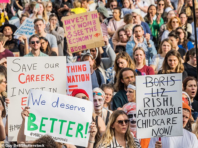 The researchers also looked at the percentage of family income spent on child care.  Pictured: March for Mummies protest in London in October 2022