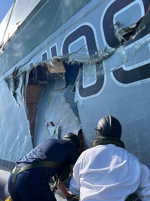 The accident tore a huge hole in the fuselage, which is made of glass fiber reinforced plastic (photo)