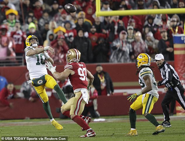 On the Packers' final play, Love threw a ball deep downfield over his body for an INT