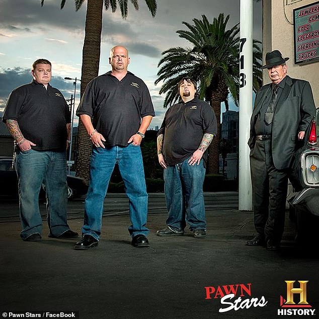 The son of Pawn Stars star Rick Harrison (second from left in photo) has tragically died of an overdose at the age of 39;  he is featured in promotional images for the Pawn Stars series