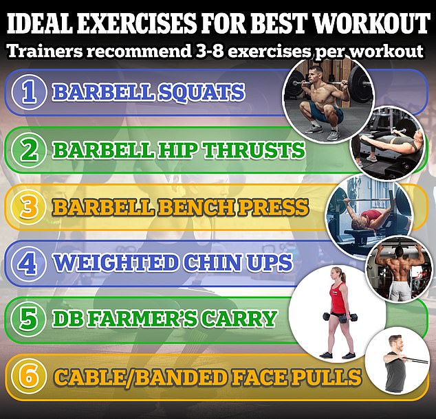 Trainers recommend beginners start with three exercises per workout, and this doesn't have to take long.  Thirty to 45 minutes are sufficient.  More advanced trainers can do up to eight exercises in one workout, but they are not recommended to go beyond that