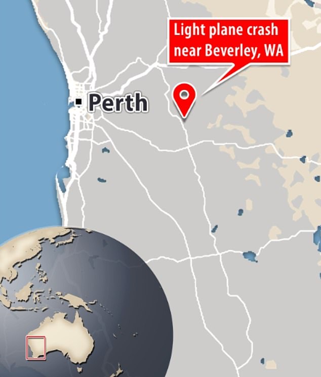 The pilot, believed to be the only person on board the aircraft, was seriously injured (photo, a map showing Beverley, WA)