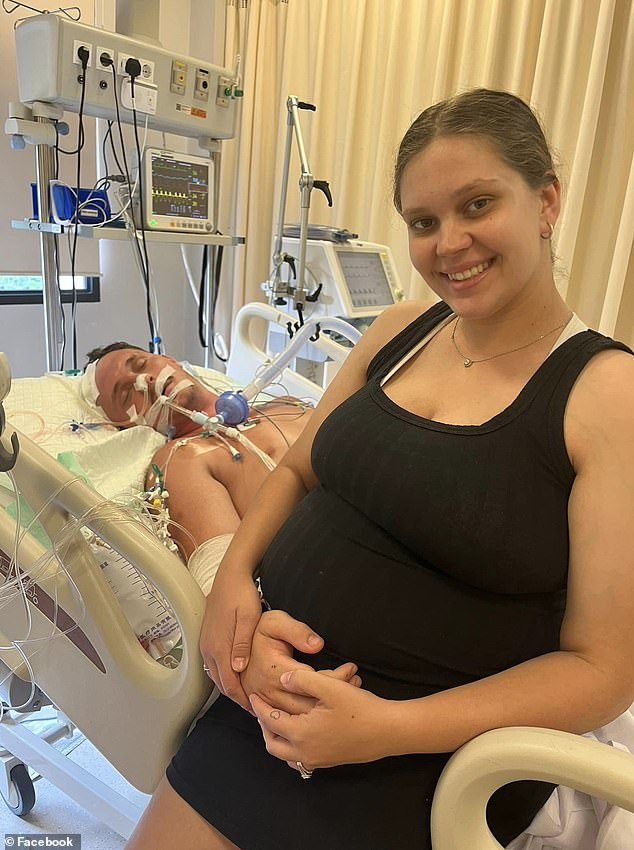 Kevin Malligan (pictured in hospital bed) will tragically never meet his second child with Leah Malligan (pictured), who is due to give birth within days