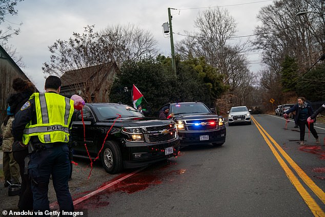 Pro-Palestinian protesters attacked Secretary of State Antony Blinken with 'fake blood' outside his suburban Virginia home on Thursday