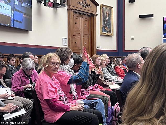 Protesters raised their pink-painted hands to show their support for Gaza