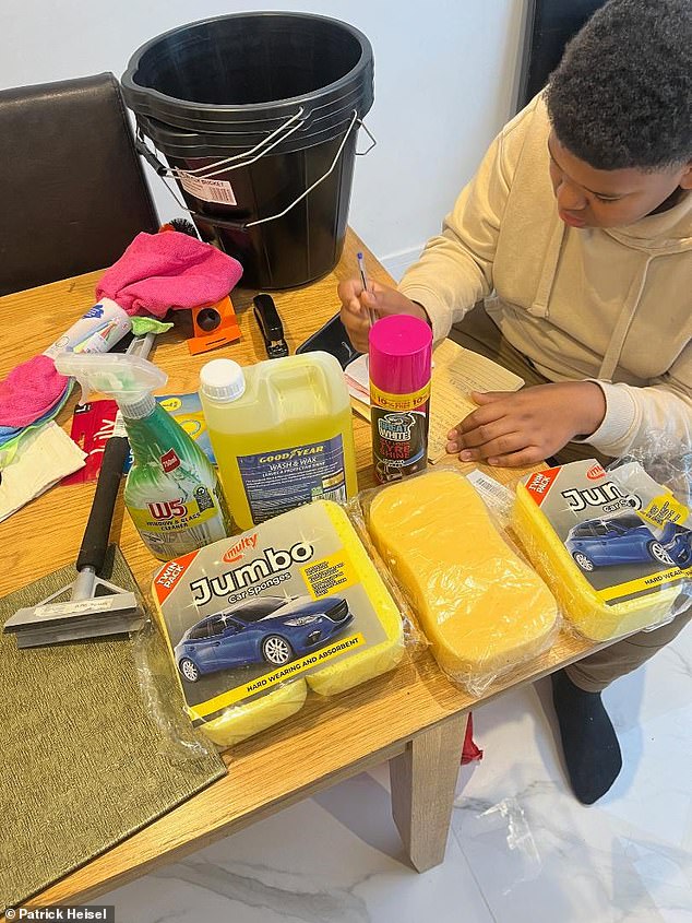 Clark Heisel, 14, has set himself the challenge of starting his own car wash business for neighbors in Bromley, Kent, spending his Christmas money on cleaning products