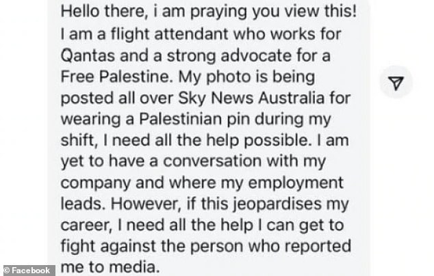 Now the flight attendant has contacted Palestinian Christians in Australia to ask for 'any help' to 'fight against the person who reported me to the media' (photo)