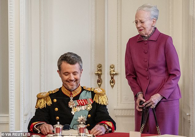 Pictured: Queen Margrethe looked visibly emotional as she became the first Danish monarch to abdicate in 900 years yesterday