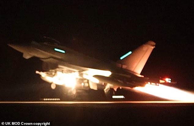 A Royal Air Force Typhoon aircraft takes off to join the US-led coalition to carry out air strikes on military targets in Yemen.  On Thursday evening, four Royal Air Force Typhoons were launched from Royal Air Force Akrotiri to carry out attacks on military targets in Yemen