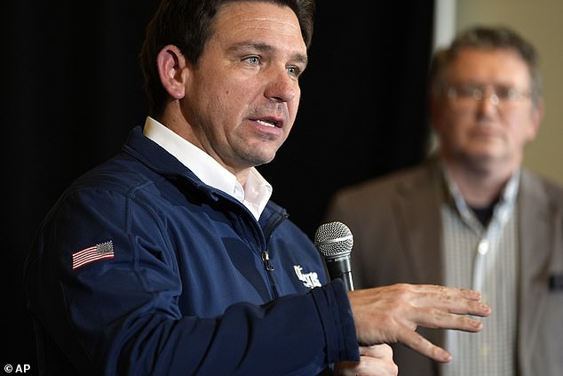 Republican presidential candidate Florida Governor Ron DeSantis speaks at a campaign event on Sunday