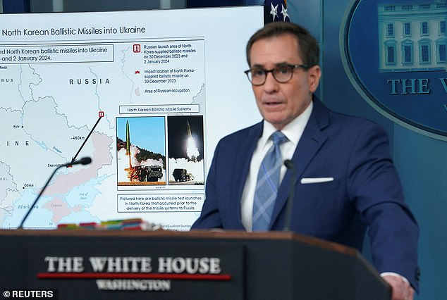 White House National Security Spokesman John Kirby shows how North Korean ballistic missiles were fired into Ukraine by Russia