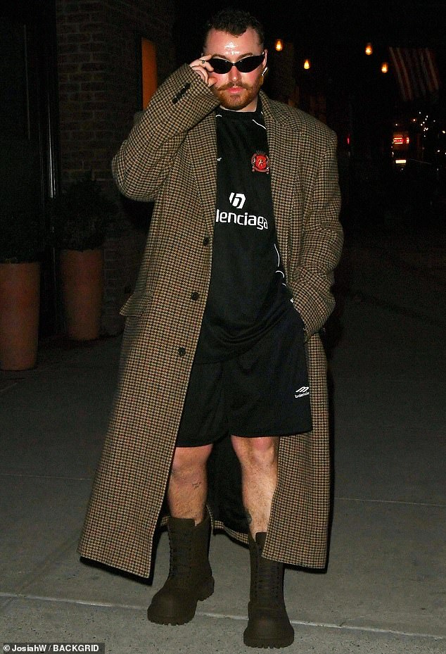 Sam Smith modeled the Balenciaga Paris soccer jersey for a winter outing in New York City on Monday night