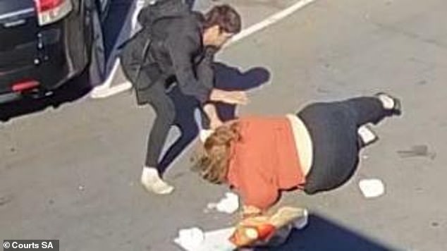 Christopher John Corley (pictured left) has been given a lengthy prison sentence for a sickening attack on a teenage boy and his mother (pictured on the ground) in a McDonald's car park