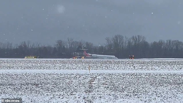 An American Airlines plane skidded off the runway onto the grass at Rochester Airport in New York during landing