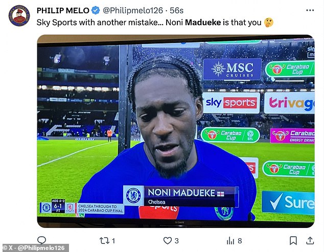 Sky Sports mistakenly introduced Axel Disasi as Noni Madueke on Wednesday evening