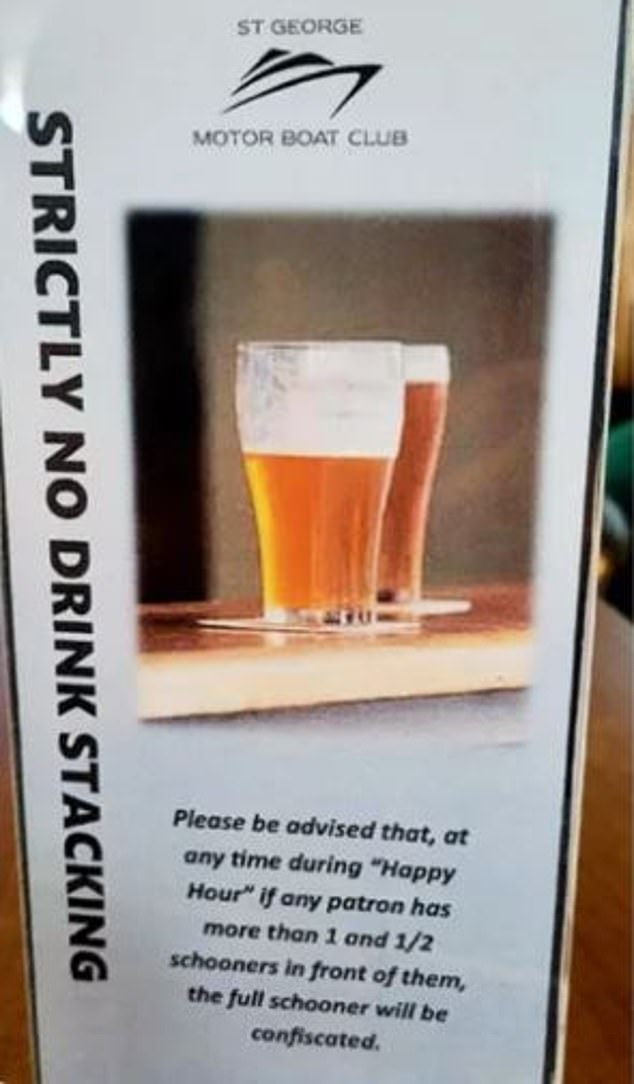 This sign at the St George Motor Boat Club in Sydney's south warns drinkers they won't be able to buy cheap drinks during happy hour