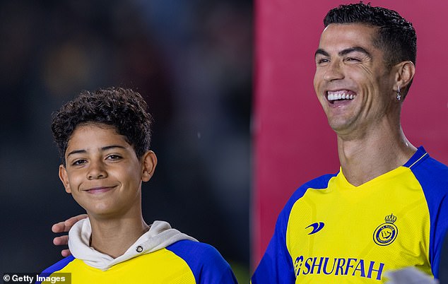 Cristiano Ronaldo Jr (left) has followed in his father's (right) footsteps by scoring an impressive free-kick