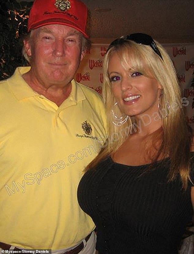 Stormy Daniels and Donald Trump are pictured in 2006 when they met at a golf tournament in Lake Tahoe.  He had married Melania the year before and she was pregnant with Barron, now 17