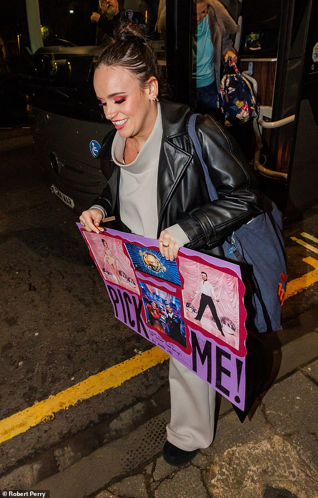 Meanwhile, the Coronation Street actress, 22, wasn't far behind as she arrived at the hotel with a huge poster of her and dance partner Vito Coppola.