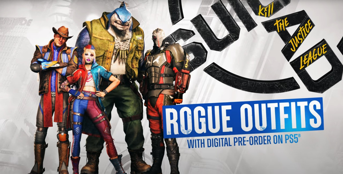 A promotional image for the Rogue Outfits bundle for the PlayStation 5 version of Suicide Squad: Kill the Justice League