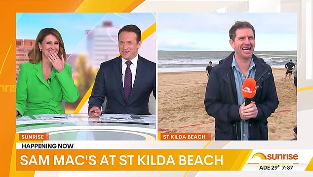 Sam Mac, 43, received a flirty comment from Sunrise co-host Natalie Barr during his livecross in Melbourne last week