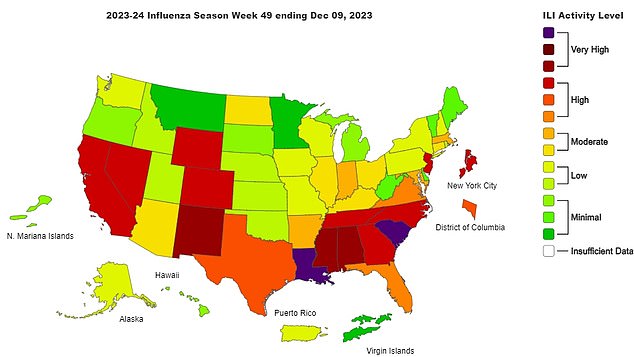 DECEMBER 9: The above map shows flu-like illness levels by state for the week ending December 9