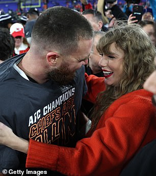 The singer joined her American footballer boyfriend on the field of M&T Bank Stadium in Baltimore after his Kansas City Chiefs defeated the Baltimore Ravens 17-10 to advance to the Super Bowl.