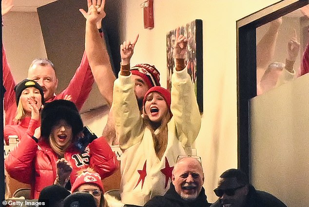 Brittany Mahomes, Jason Kelce and Taylor Swift react during the second half of the AFC Divisional Playoff game between the Kansas City Chiefs and the Buffalo Bills at Highmark Stadium