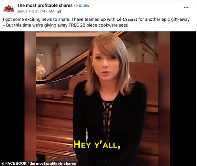 Fraudsters created a deepfake ad featuring Taylor Swift's likeness in an attempt to extort money from her fans.  The AI-generated ad, which circulated on Facebook earlier this month, promoted a non-existent giveaway between the pop star and Le Creuset cookware.