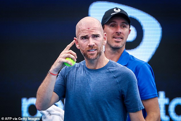 Adrian Mannarino, 35, won the first set against Italian Lorenzo Sonego 6-4 and the match was on serve in the second when he suffered a self-inflicted injury (pictured) to his forehead