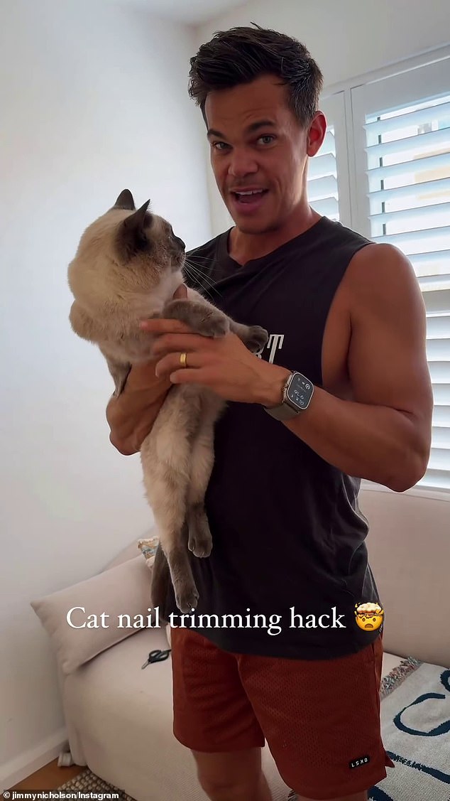 The Bachelor star Jimmy Nicholson, 33, (pictured) surprised his fans on Saturday by revealing the unusual hack he uses to clip his cat's claws