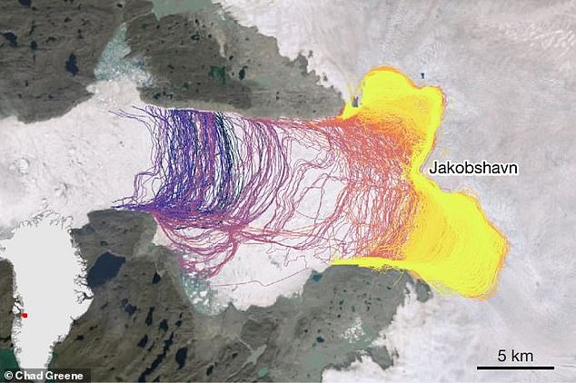 This graph shows how the Jakobshavn Glacier has retreated since 1985.  The darker purple colors show the extent of the glacier in the past, while the brighter yellow shows more recent measurements