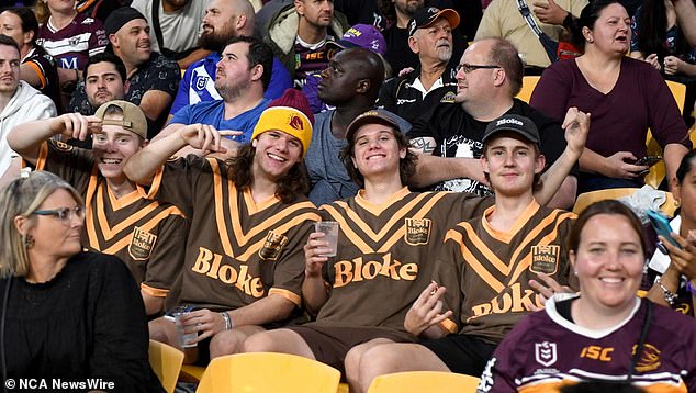 Crowd brawls have cropped up in recent years, along with an infamous incident where a young fan racially abused Bunnies star Latrell Mitchell (pictured, fans at a Brisbane Broncos match)