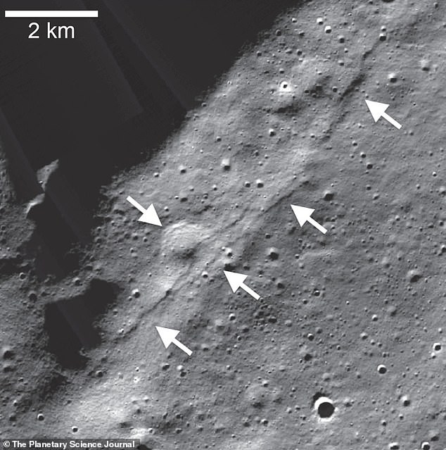 Scientists say moonquakes have happened before and could happen again.  Here, arrows point to 'scarps' – long structures interpreted as tectonic in nature and the result of a thrust fault – at the moon's south pole