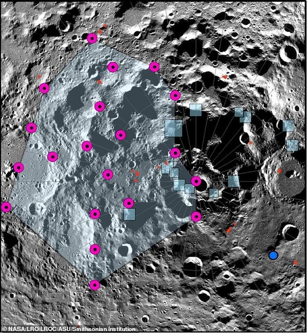 Earth's moon shrank in circumference by more than 50 meters as its core gradually cooled over the past few hundred million years.  Pictured is the southern part of the moon, with blue boxes indicating the proposed locations of the upcoming Artemis III moon landing.  Magenta dots indicate possible epicenters of a very powerful moonquake in the early 1970s