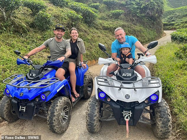 Ross and Jade Dallas are seen on one quad bike, left, with their son Carter joined by Ross' dad Craig on the other side as they ride through Malaysia's Cameron Highlands