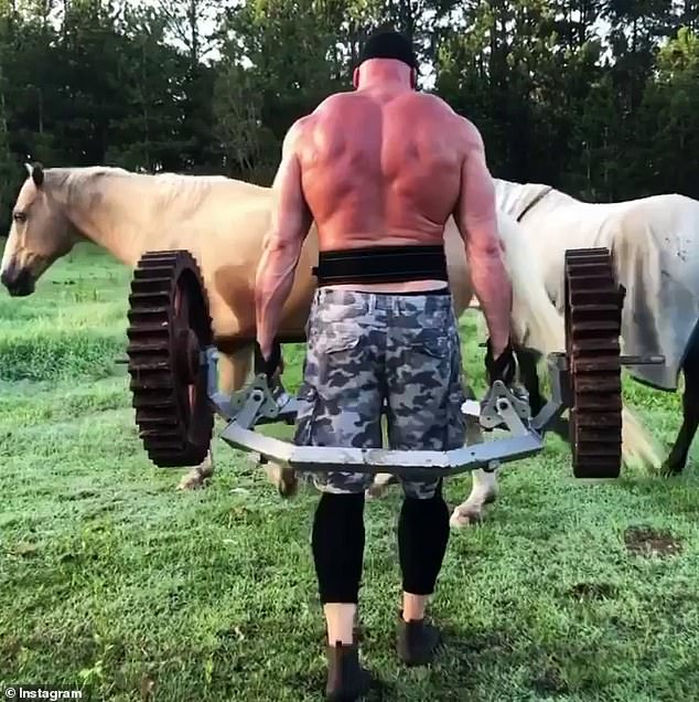 The 37-year-old's clips are unmistakable as they show him on his rural estate, lifting everything from huge truck parts (pictured) to enormous boulders.