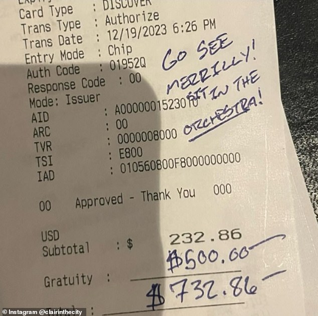 A waitress in the theater district was stunned to discover that a patron had left her an extremely generous $500 tip so she could finally afford a ticket to her dream Broadway show.