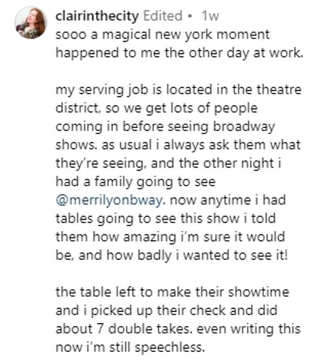 Clair Rachel Howell, who is originally from California but has since moved to New York City, took to Instagram to share the act of staggering generosity
