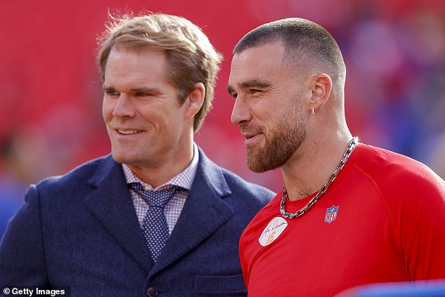 Greg Olsen (left) is seen with Travis Kelce before a game in Kansas City on November 27, 2022