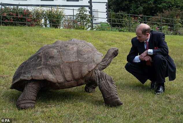 The Duke of Edinburgh met the world's oldest living land animal - Jonathan, the 191-year-old giant tortoise - in St Helena