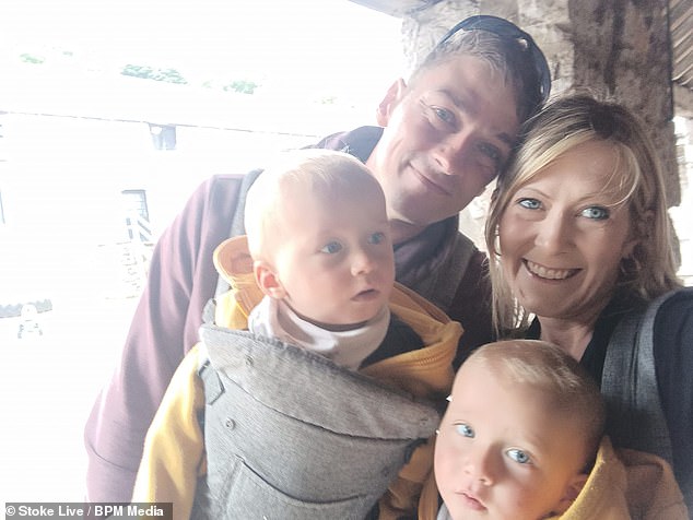 Lucas and Aiden Pickerill were diagnosed with the extremely rare NRROS gene mutation only three months ago (pictured with mother Nicola Minshall and Adam Pickerill)