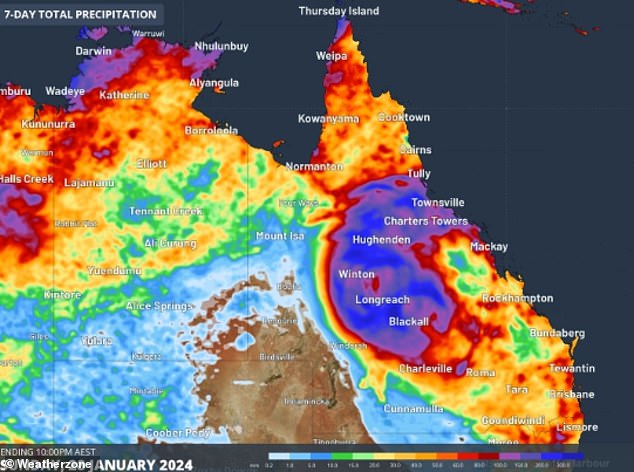 The cyclone is expected to cause widespread heavy rain and life-threatening flash flooding (photo, forecast for seven days of rain in total through Sunday)